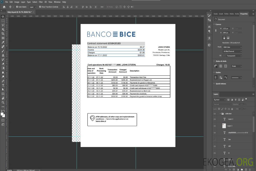 Relevé bancaire de la Banco Bice au Chili template Relevé bancaire de la Banco Bice au Chili template